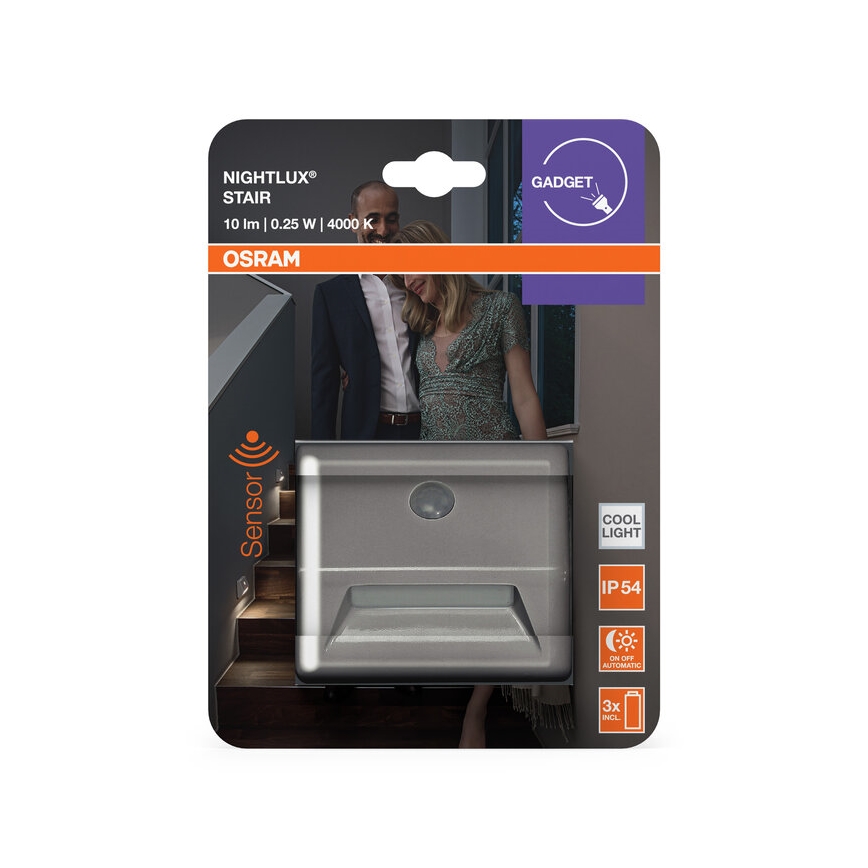 Osram - LED lépcsővilágító lámpa érzékelővel NIGHTLUX LED/0,25W/3xAAA IP54 ezüstszínű