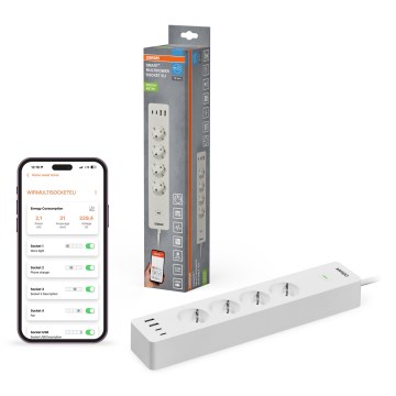 Osram - SMART+ 4 aljzatos hosszabbító, F típus + 2x USB-A + 2x USB-C Wi-Fi