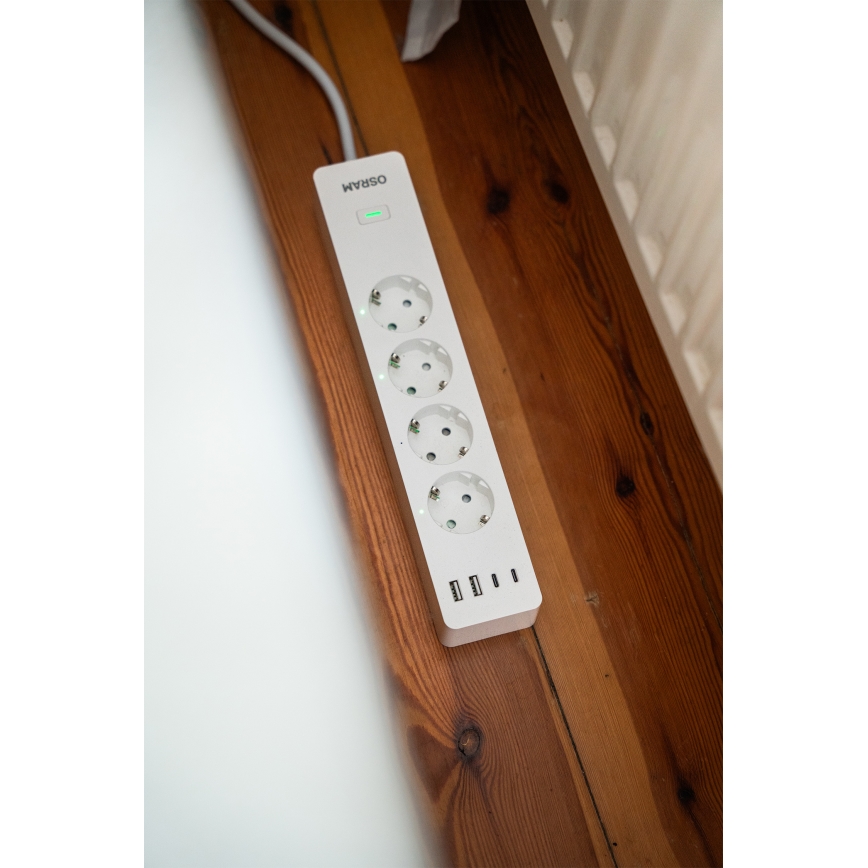 Osram - SMART+ 4 aljzatos hosszabbító, F típus + 2x USB-A + 2x USB-C Wi-Fi
