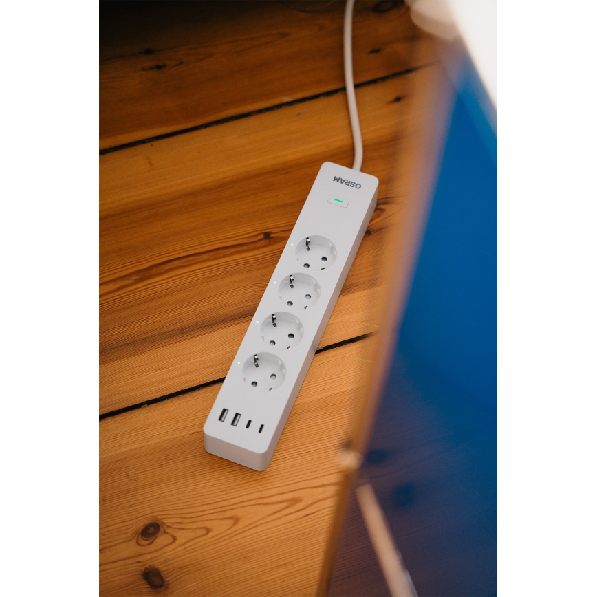 Osram - SMART+ 4 aljzatos hosszabbító, F típus + 2x USB-A + 2x USB-C Wi-Fi