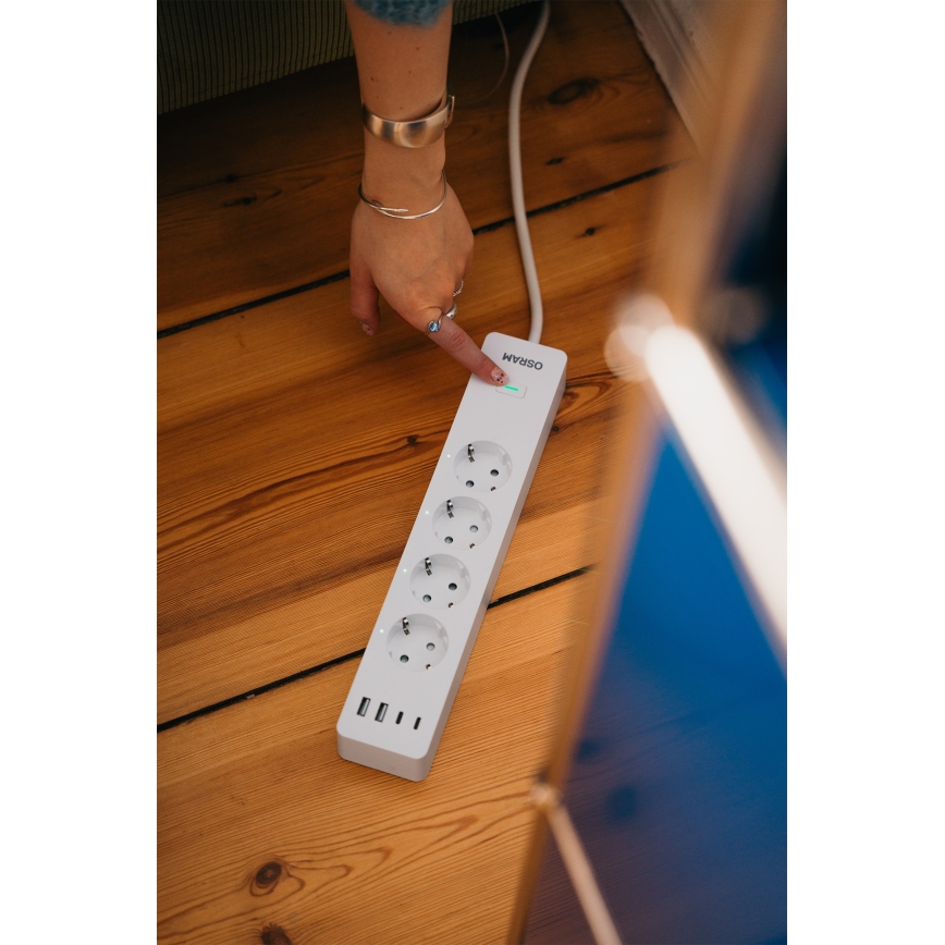 Osram - SMART+ 4 aljzatos hosszabbító, F típus + 2x USB-A + 2x USB-C Wi-Fi
