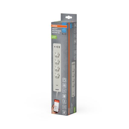 Osram - SMART+ 4 aljzatos hosszabbító, F típus + 2x USB-A + 2x USB-C Wi-Fi