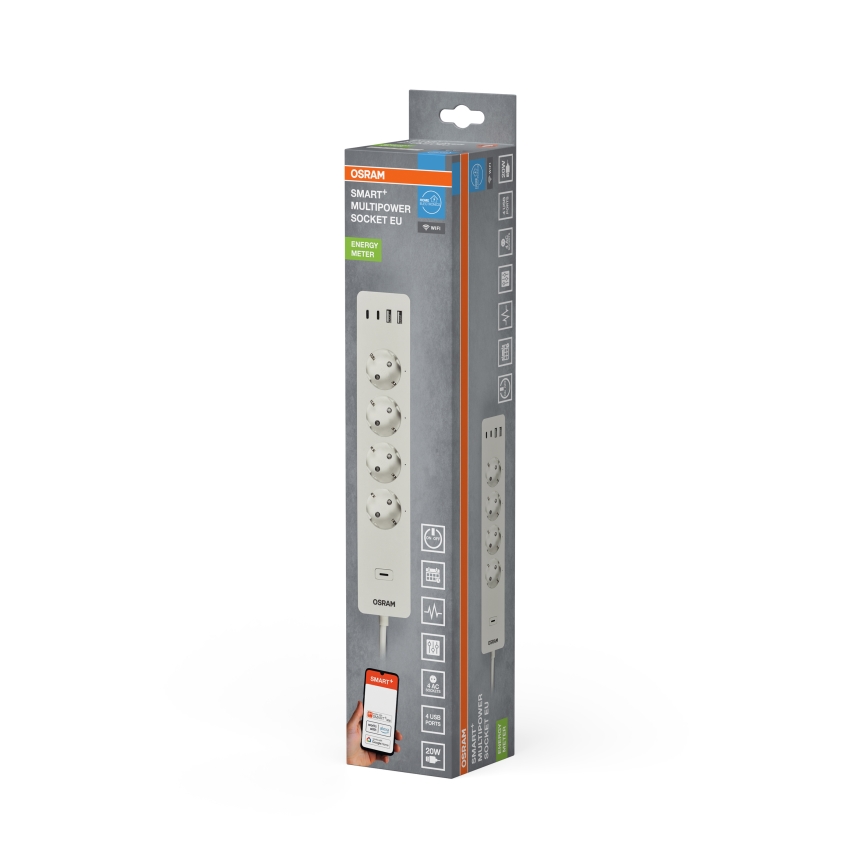 Osram - SMART+ 4 aljzatos hosszabbító, F típus + 2x USB-A + 2x USB-C Wi-Fi