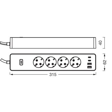 Osram - SMART+ 4 aljzatos hosszabbító, F típus + 2x USB-A + 2x USB-C Wi-Fi