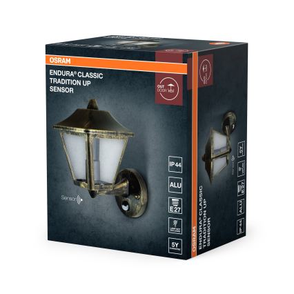 Osram - Kültéri fali lámpa mozgásérzékelővel TRADITION UP 1xE27/60W/230V IP44 patina/arany