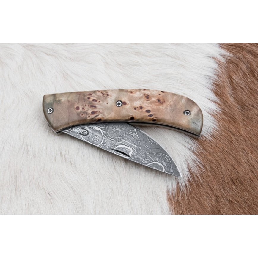 Összecsukható damaszkuszi kés 8,5 cm hársfa