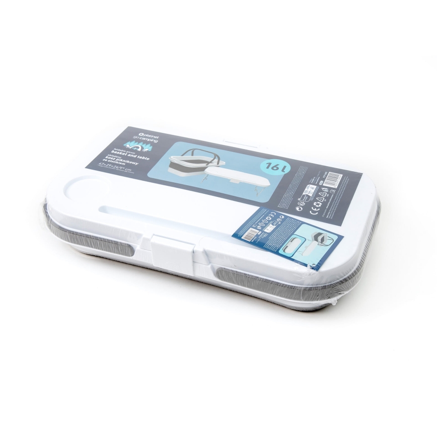 Összecsukható kemping piknikkosár fedéllel 2in1 fehér/szürke