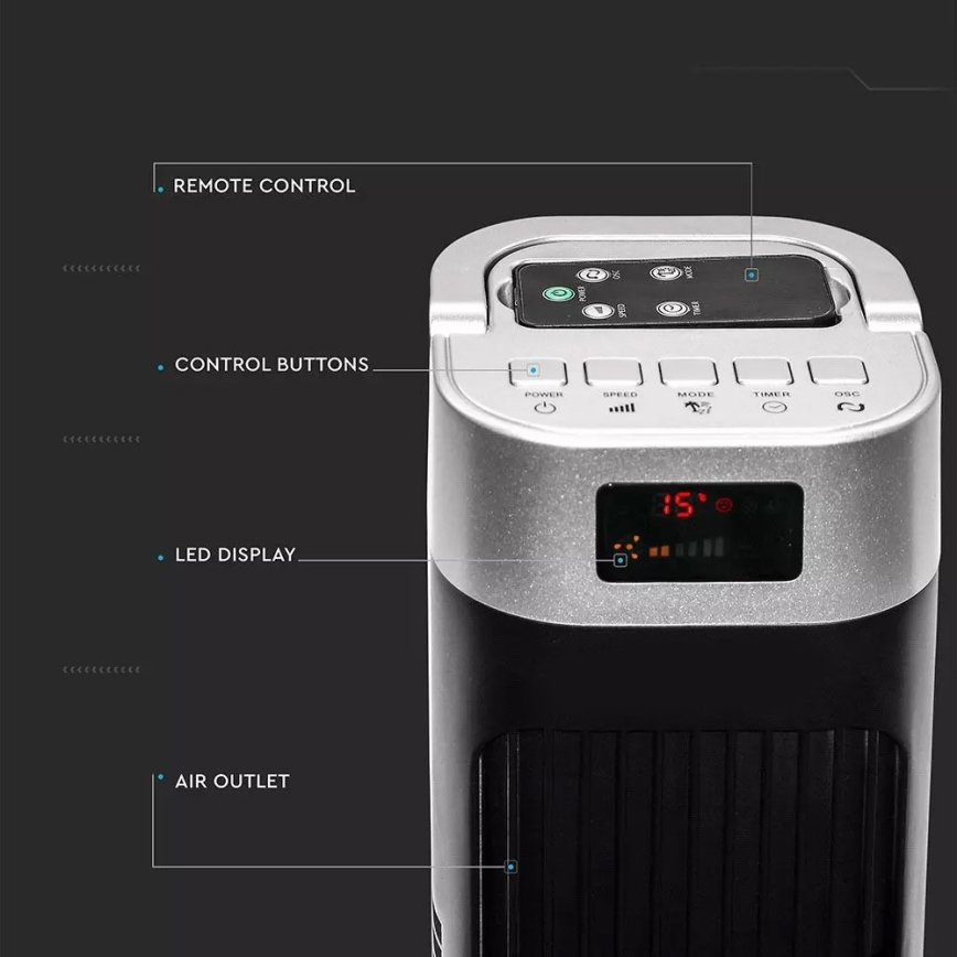 Oszlop-ventilátor hőmérséklet kijelzővel, távirányítóval 55W/230V