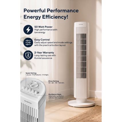 Oszlopventilátor 50W/230V, fehér