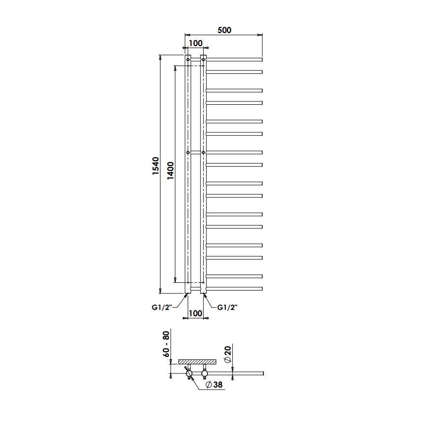 P.M.H. T2W-L - Fürdőszobai létrás törölközőszárító radiátor THEIA 352 W 154 cm balos/fehér