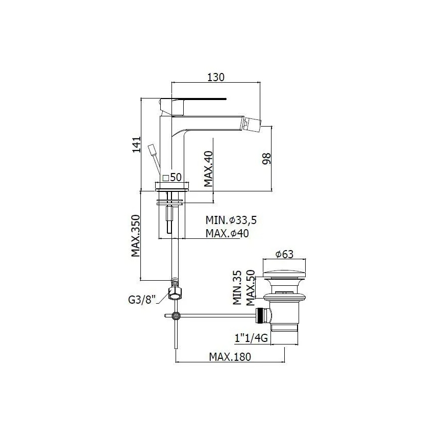 Paffoni - Bidé csaptelep + leeresztő szelep TANGO nemesacél