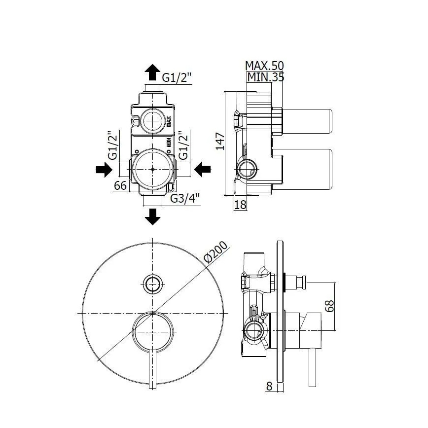 Paffoni - LIGHT falba építhető zuhanycsaptelep, fényes króm