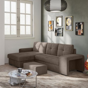 PALERMO baloldali barna kihúzható kanapé tárolóval és puffal