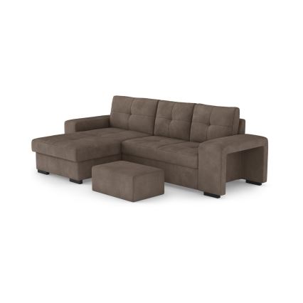 PALERMO baloldali barna kihúzható kanapé tárolóval és puffal