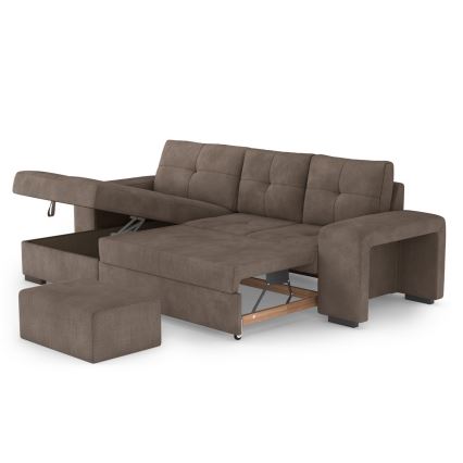 PALERMO baloldali barna kihúzható kanapé tárolóval és puffal