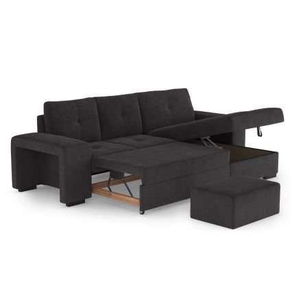 PALERMO jobbos, fekete kihúzható kanapé tárolóval és puffal