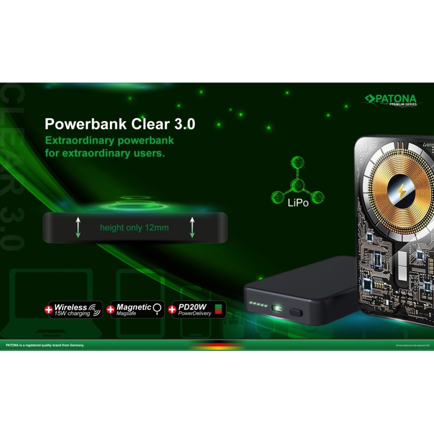 PATONA - Power Bank 10000mAh Li-Pol-PD20W MagSafe USB-C és Qi töltés