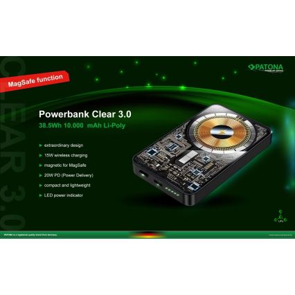 PATONA - Power Bank 10000mAh Li-Pol-PD20W MagSafe USB-C és Qi töltés