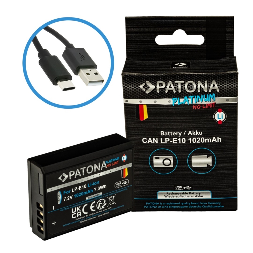 PATONA - Akkumulátor Canon LP-E10 1020mAh Li-Ion Platinum USB-C töltő