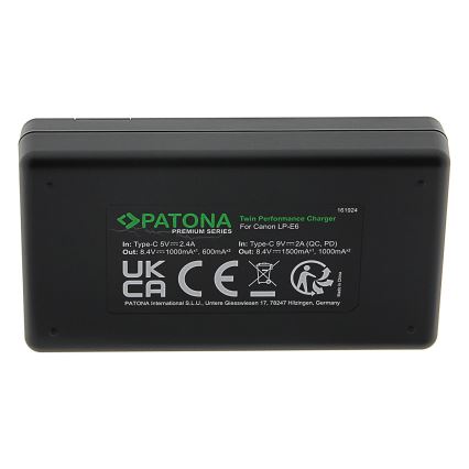 PATONA - Gyorstöltő Dual Canon LP-E6 + kábel USB-C 0,6m
