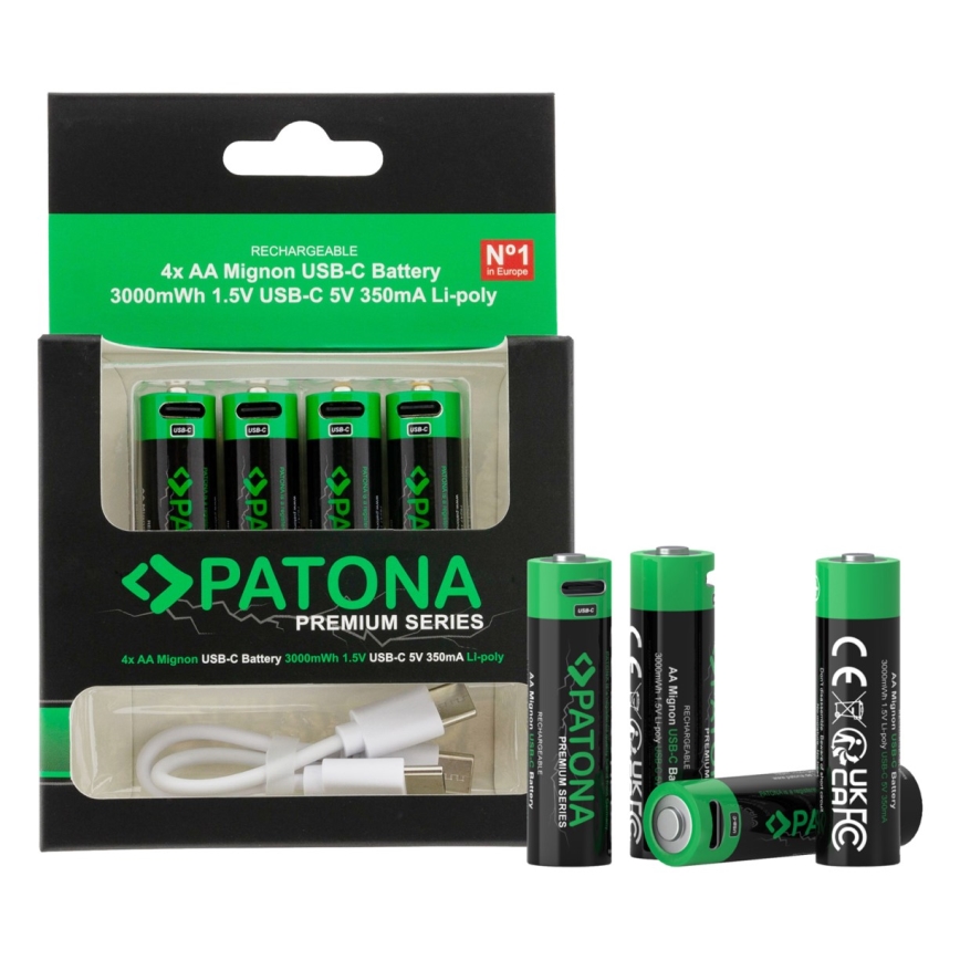 PATONA - KÉSZLET 4x Akkumulátor AA/LR6 Li-Pol 2000mAh 1,5Vs -val USB-C töltő