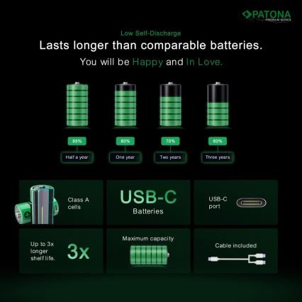 PATONA - KÉSZLET 4x Akkumulátor AA/LR6 Li-Pol 2000mAh 1,5Vs -val USB-C töltő