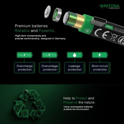 PATONA - KÉSZLET 4x Akkumulátor AA/LR6 Li-Pol 2000mAh 1,5Vs -val USB-C töltő