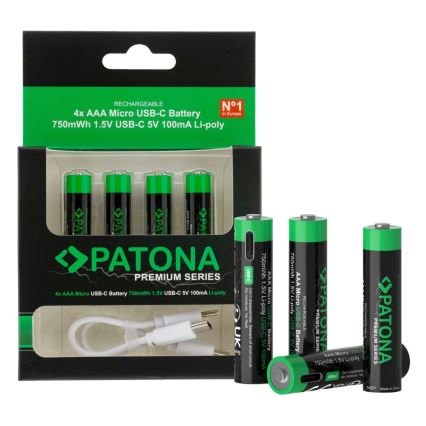 PATONA - KÉSZLET 4x Akkumulátor AAA/LR03 Li-Pol 500mAh 1,5V -val USB-C töltő