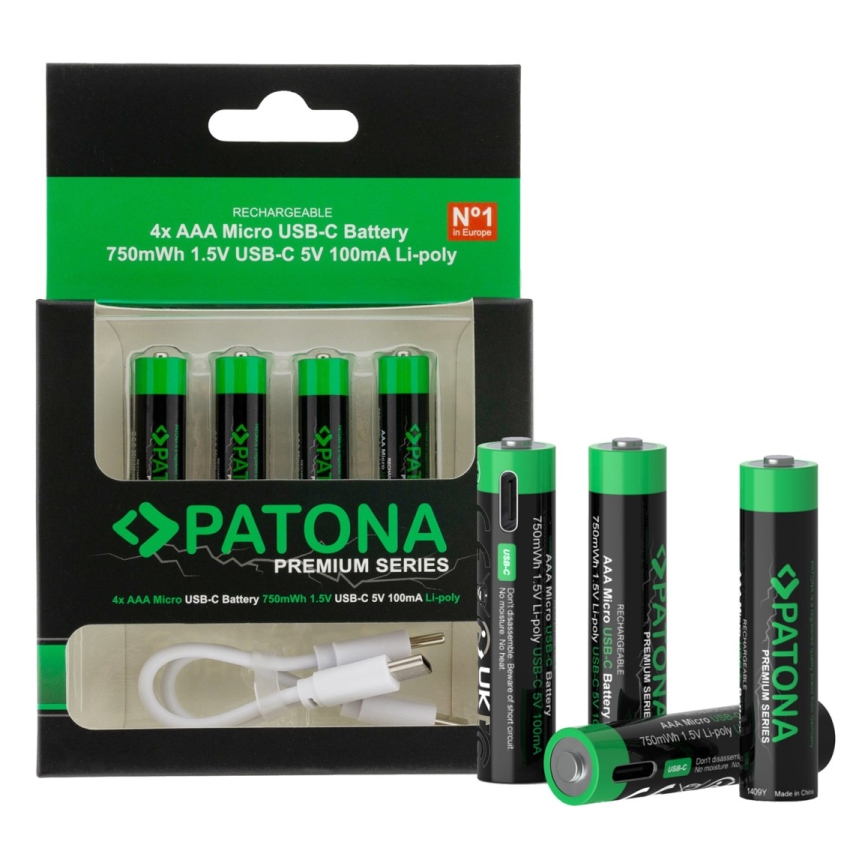 PATONA - KÉSZLET 4x Akkumulátor AAA/LR03 Li-Pol 500mAh 1,5V -val USB-C töltő