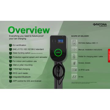 PATONA - Töltőállomás LCD kijelzővel elektromos autókhoz 11kW/400V/16A IP54