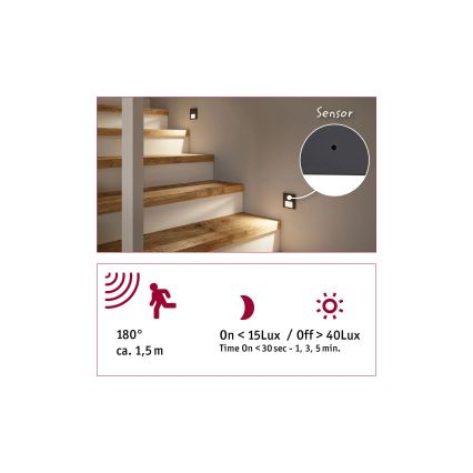 Paulmann 80002 - LED/1W lépcsővilágító érzékelővel TSARO 230V ólom/fehér
