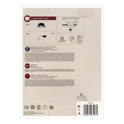Paulmann 93408 - KÉSZLET 3xLED/6,5W IP44 Dimmelhető fürdőszobai beépíthető lámpa COLE 230V