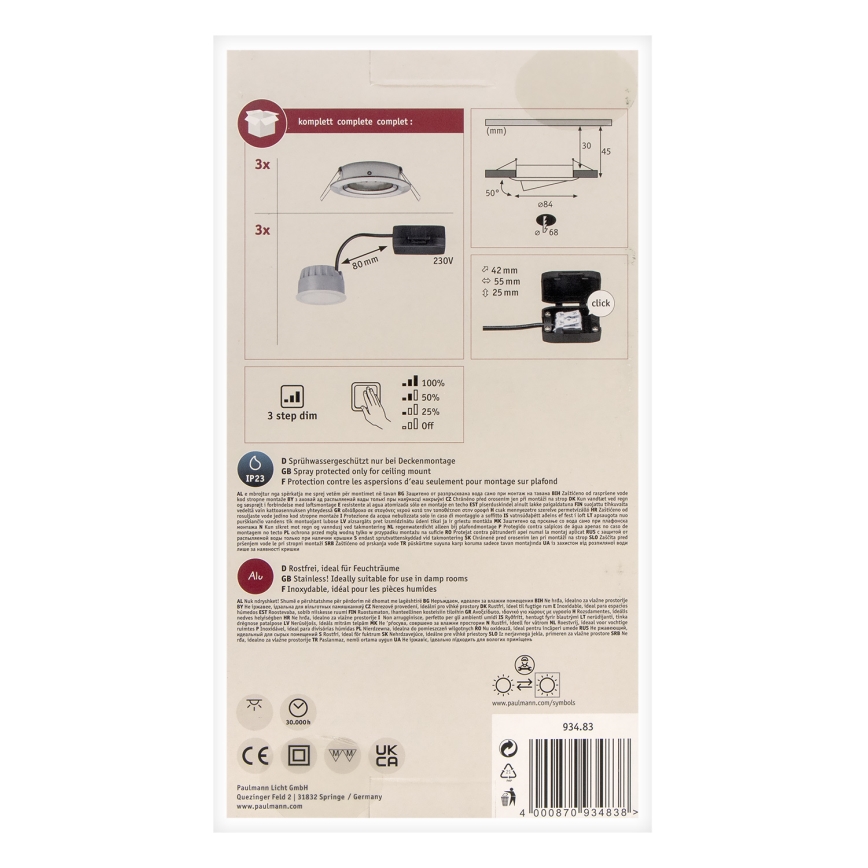 Paulmann 93483 - KÉSZLET 3xLED/6,5W IP23 Dimmelhető fürdőszobai beépíthető lámpa NOVA 230V