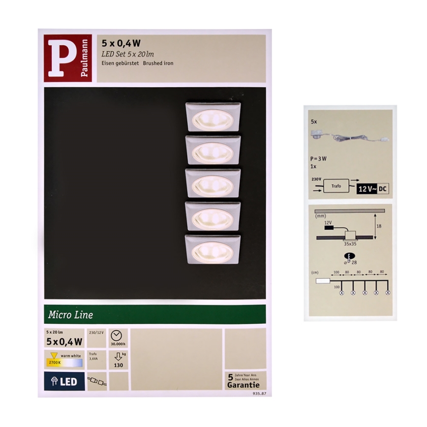Paulmann 93587 - KÉSZLET 5xLED/0,4W Beépíthető lámpa 12V/230V 2700K
