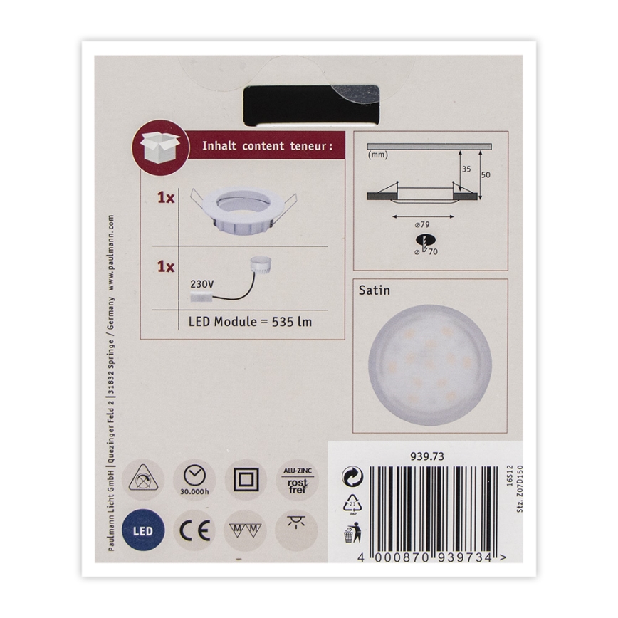 Paulmann 93973 - LED/6,8W IP44 Fürdőszobai beépíthető lámpa COIN 230V