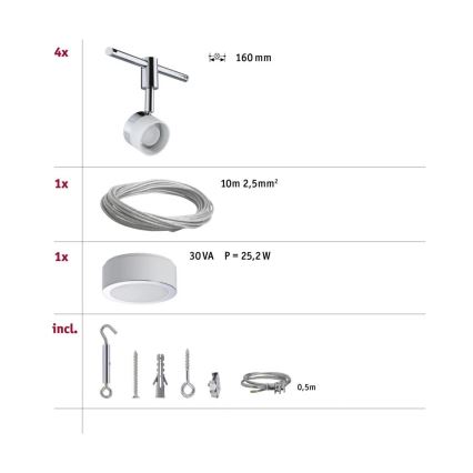 Paulmann 94080 - SZETT 4xLED/4,8W Komplett kábelrendszer STAGE 230V fényes króm