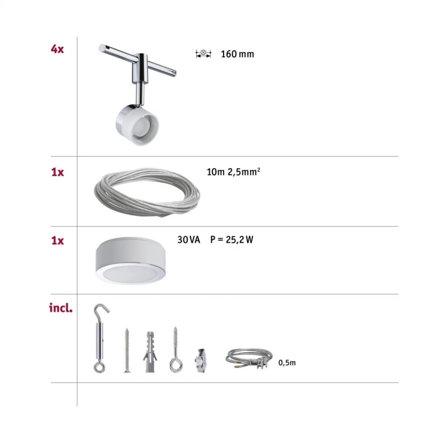 Paulmann 94080 - SZETT 4xLED/4,8W Komplett kábelrendszer STAGE 230V fényes króm