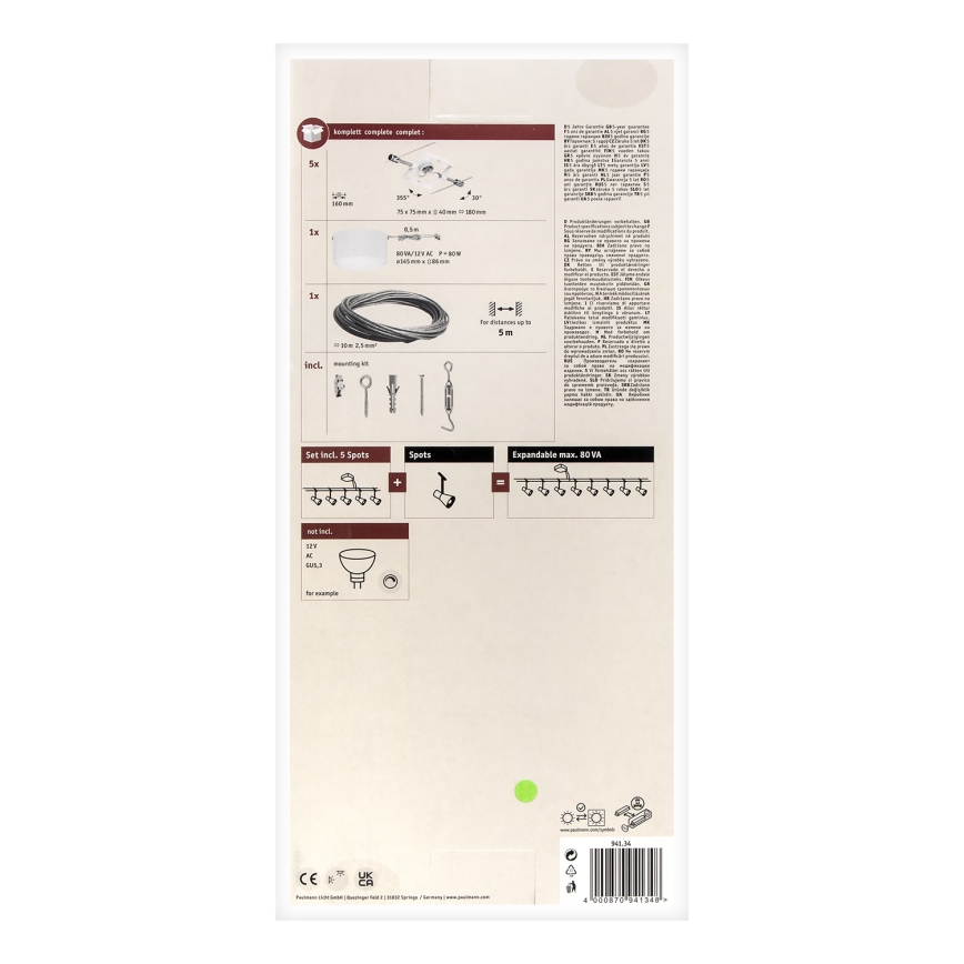 Paulmann 94134 - 5 db-os készlet GU5,3/10W spotlámpa MAC 230V kábelrendszerhez, fehér