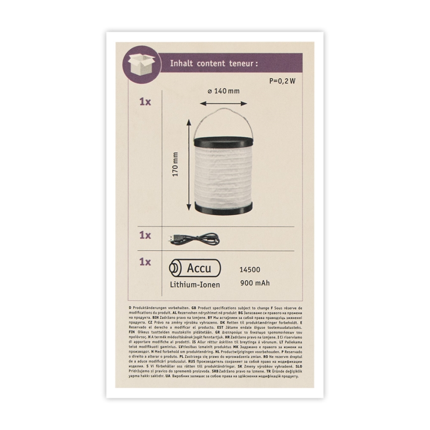 Paulmann 94169 - LED/0,2W IP44 Dekoratív kültéri lámpa MOBILE 3,7V 900 mAh