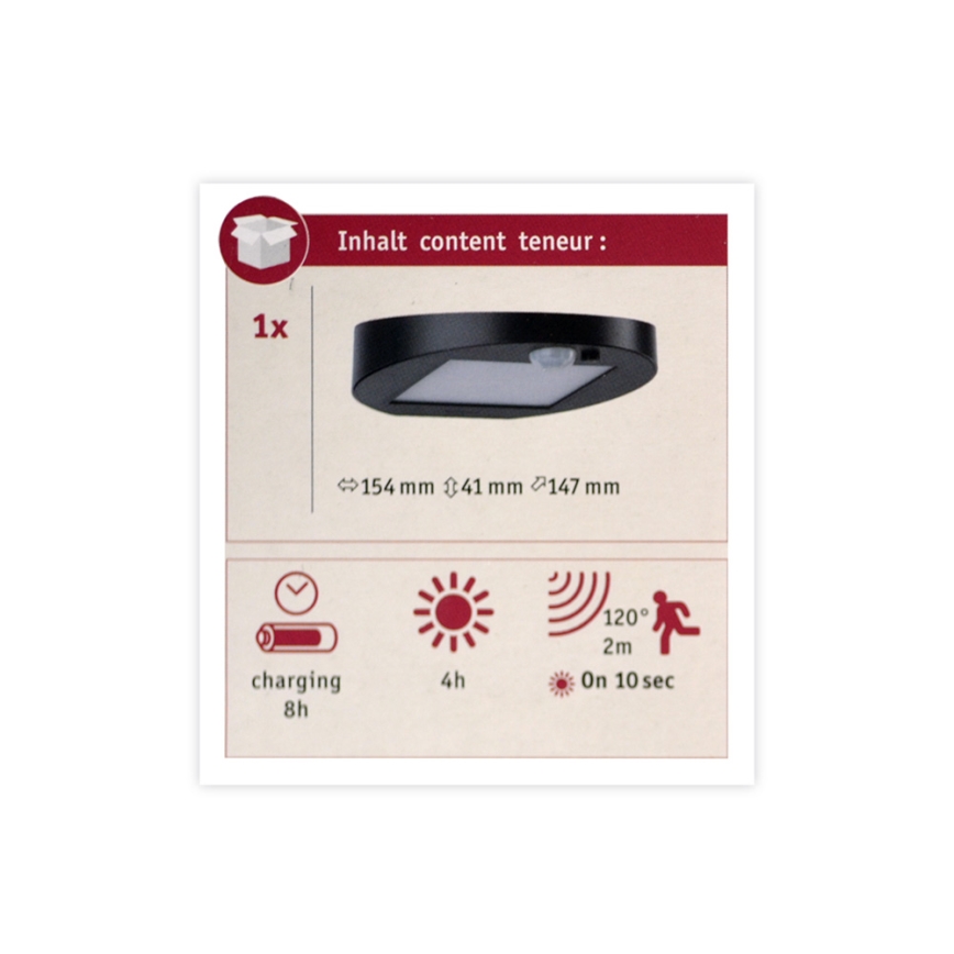 Paulmann 94246 - LED/1,2W IP44 Kültéri napelemes lámpa érzékelővel RYSE 3,7V 1800 mAh