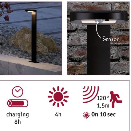 Paulmann 94249 - LED/1,2W IP44 Kültéri napelemes lámpa érzékelővel RYSE 3,7V 1800 mAh
