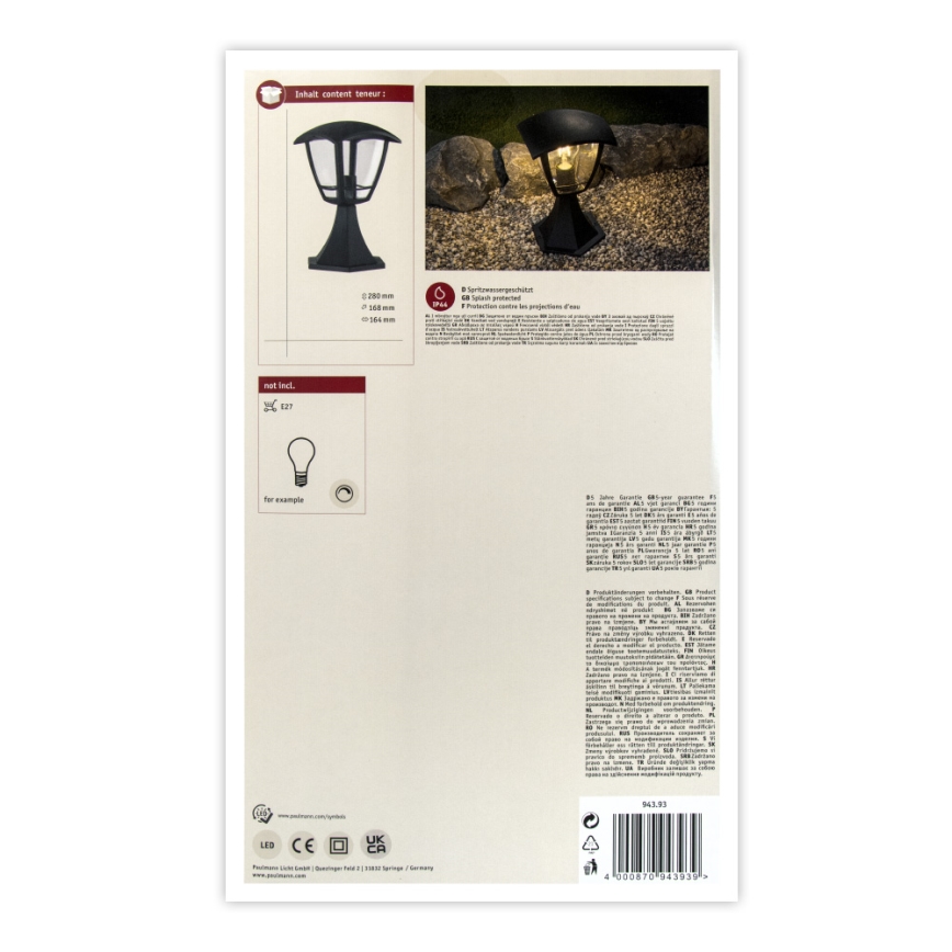 Paulmann 94393 - 1xE27/12W IP44 Kültéri lámpa CLASSIC 230V