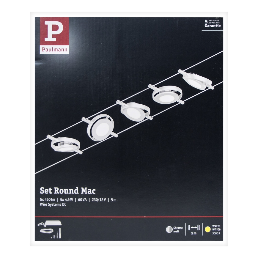 Paulmann 94414 - 5 db-os készlet LED spotlámpákból, 4,5W, ROUNDMAC kábelrendszerhez, 230V, fényes króm kivitel