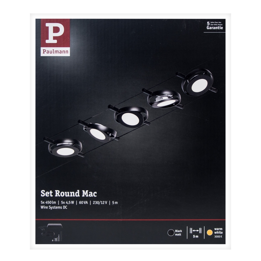 Paulmann 94418 - Teljeskörű ROUNDMAC huzalos világítási szett 5xLED/4,5W 230V fekete