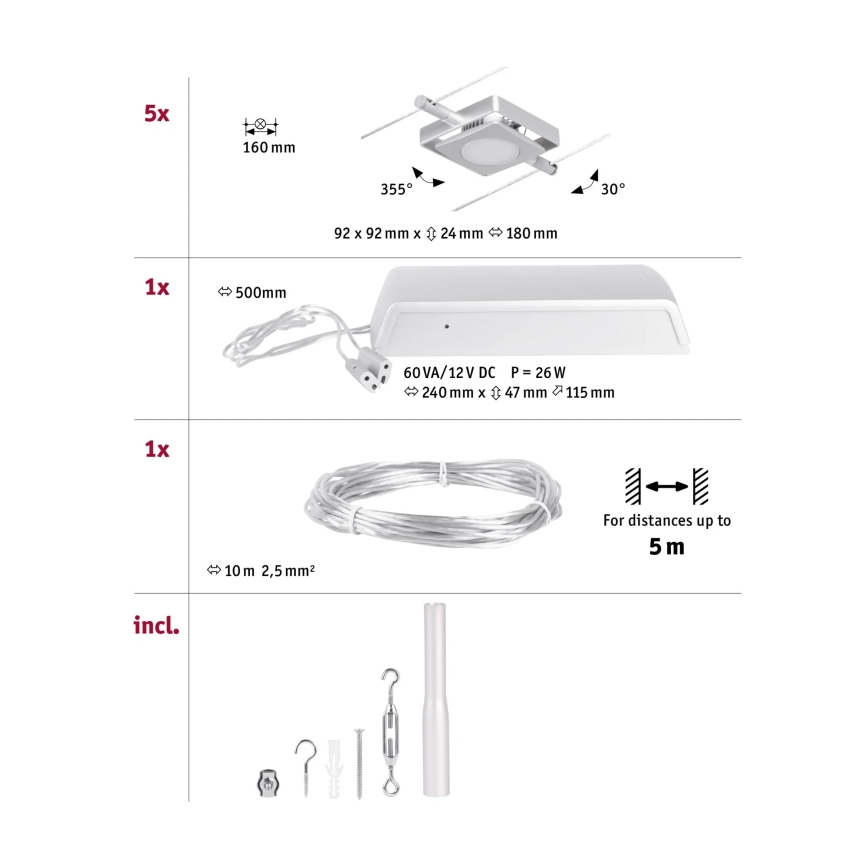 Paulmann 94420 - 5x LED/4,5W szett – komplett kábelrendszer MAC 230V matt króm