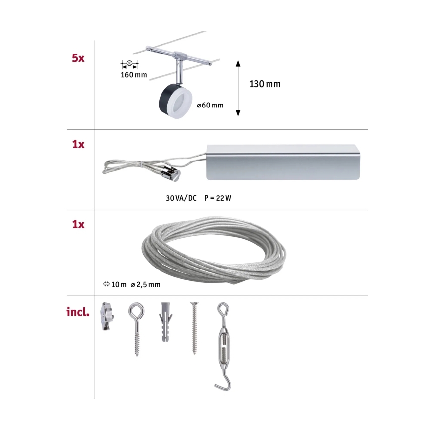 Paulmann 94457 - SZETT 5xLED/4W kábelrendszerhez illeszthető spotlámpa CLEAR 230V fekete/fényes króm