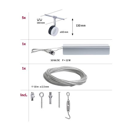 Paulmann 94457 - SZETT 5xLED/4W Teljes kábelrendszer CLEAR 230V fekete/fényes króm