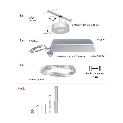 Paulmann 94475 - SZETT 5xLED/5W Komplett kábelrendszer CIRCLE 230V matt króm