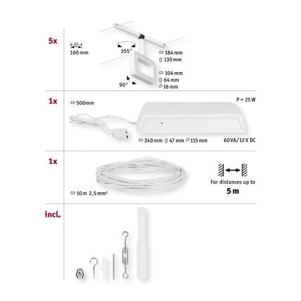 Paulmann 94483 - SZETT 5xLED/4,8W Komplett kábelrendszer FRAME 230V fehér