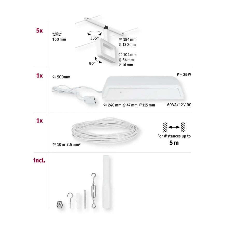 Paulmann 94483 - SZETT 5xLED/4,8W Komplett kábelrendszer FRAME 230V fehér